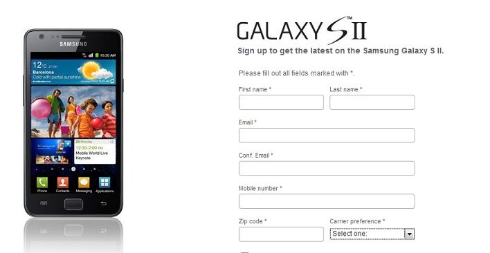 Samsung Galaxy S II SignUp Page is Live!